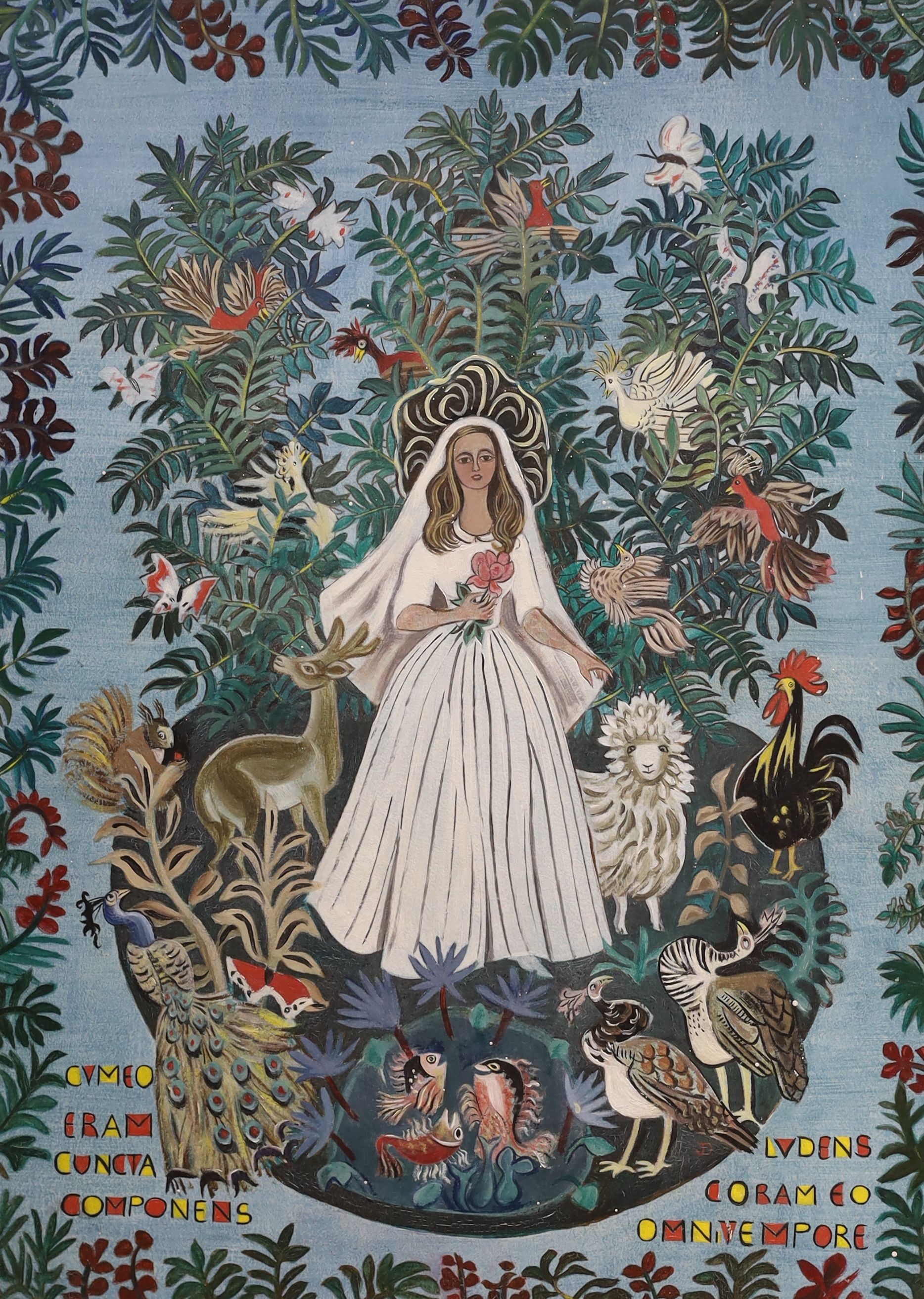 Modern British, oil on board, 'Mother Nature', Bride surrounded by birds and animals, monogrammed JD, probably original frame with Rowley Gallery label verso, 50 x 37cm